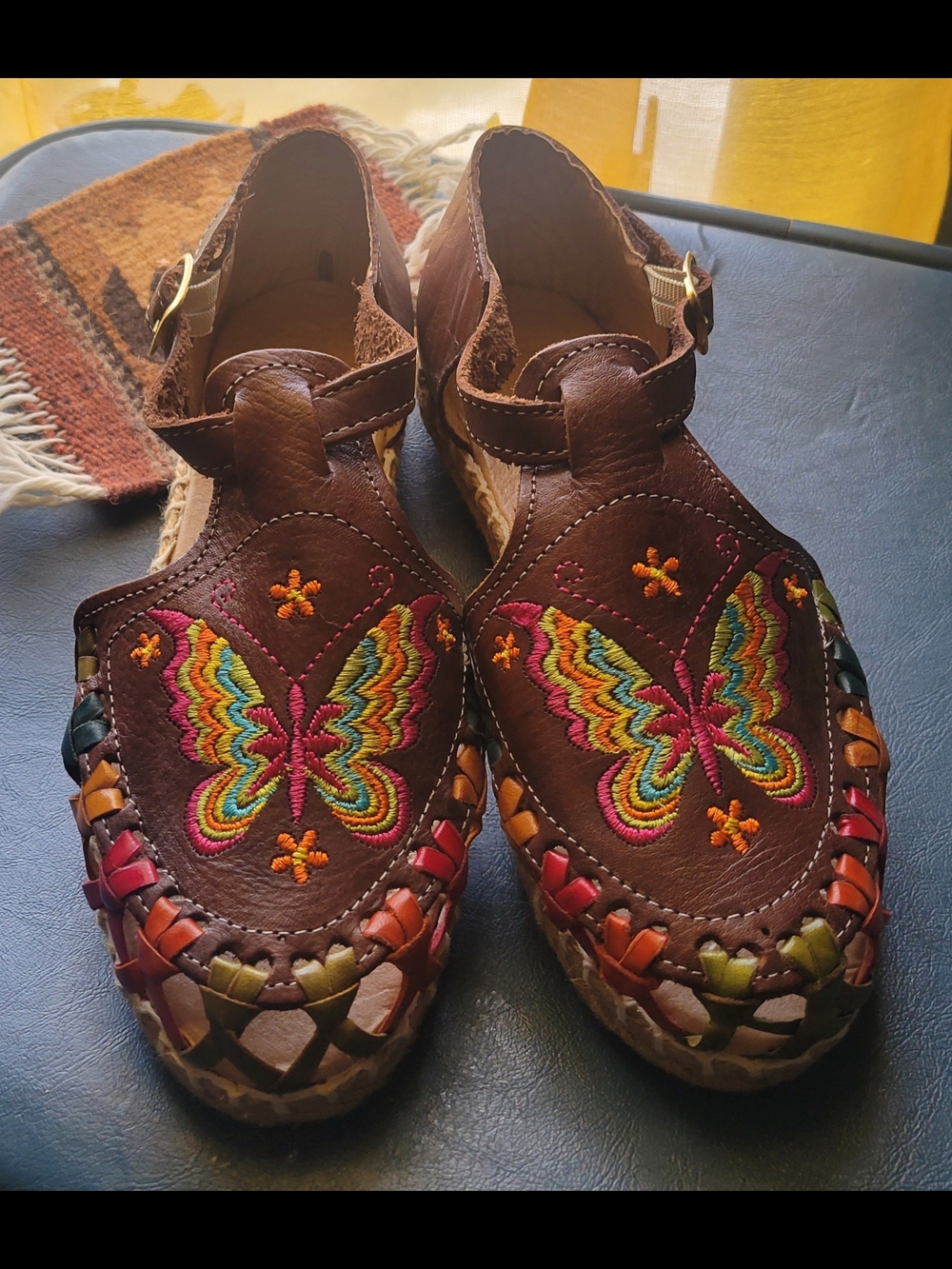 Brown Leather Women's Embroidered Butterfly Mary Jane Shoes